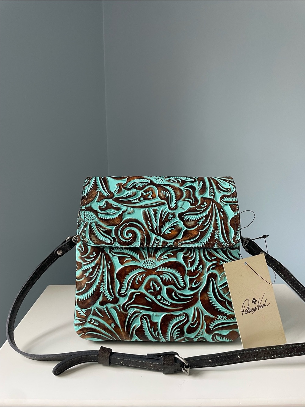 NWT Patricia Nash Balluri Tooled Turquoise Leather Crossbody Bag